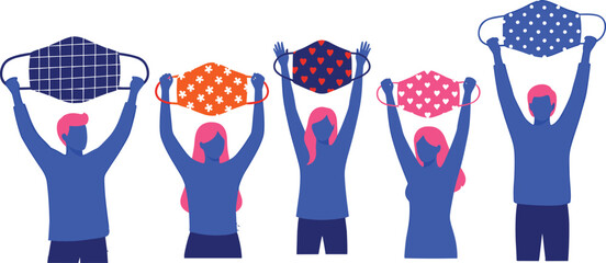 Diverse group of people holding up colorful protective face masks with patterns for virus prevention public health safety awareness and personal protection equipment campaign