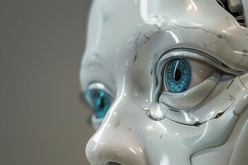 Closeup of a white humanoid robot face showing artificial intelligence with blue eyes