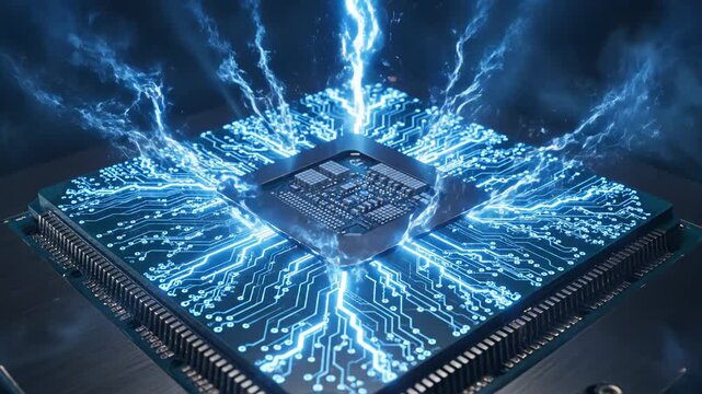Microchip with electrical discharge and smoke on a metal plate with blue light