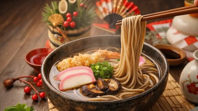 A traditional Japanese soba noodle bowl with fish cake, mushrooms, and vegetables served hot in a festive New Year dining atmosphere.