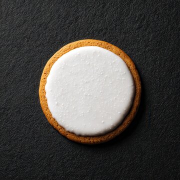 Round gingerbread cookie with white icing on dark background, top view of sweet glazed biscuit