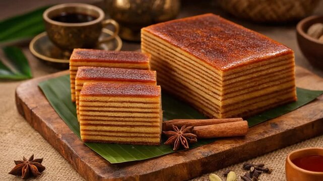 A colorful Southeast Asian layered cake sliced neatly on banana leaves, showcasing traditional kuih lapis dessert with vibrant stripes and aromatic spices.
