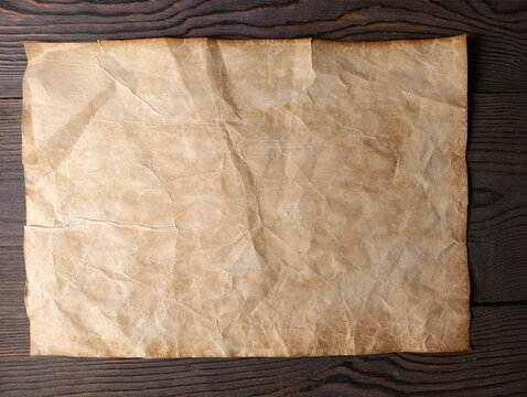 Top view of a blank, aged, crumpled paper sheet on a dark wood background. The rustic, antique texture in brown and beige tones is perfect for historical themes, maps, or vintage design templates.