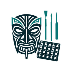 Maori Inspired Tribal Mask with Carving Tools Vector Art