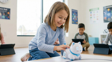 Girl playing with robotic cat toy in classroom with children nearby  