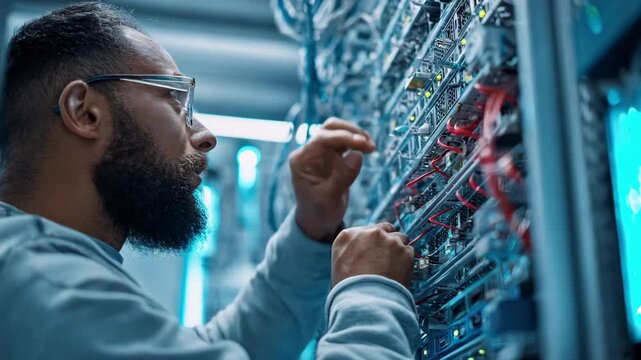 Medium shot of an engineer configuring secure network protocols on advanced routers to enhance system security