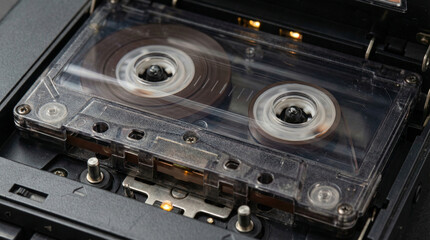 Close-up of cassette tape rewinding inside audio player  