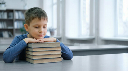 Young boy resting chin on stack of books at library desk  