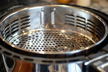 Clean, empty air fryer basket is waiting to be used for a delicious and healthy meal