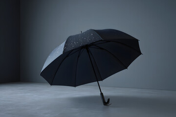 Open black umbrella with water droplets in a minimalist studio setting. Concept of protection, insurance, security, and rainy weather. High-quality professional product photography.