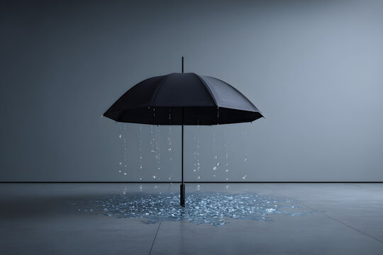 Conceptual black umbrella with rain falling from its inside onto a puddle on a gray floor. Paradoxical metaphor for sadness, internal struggle, or failed protection in a minimalist studio setting.