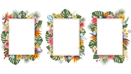 Set of Three Tropical Floral Frames with Monstera Leaves and Exotic Blooms Vector Illustration