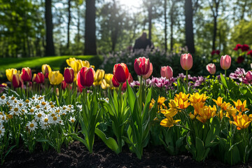 Colorful spring garden filled with vibrant tulips and daisies, showcasing a gardener planting flowers among lush greenery and sunlight filtering through trees, creating a serene outdoor atmosphere