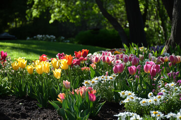 Colorful spring garden filled with vibrant tulips and daisies, showcasing a lush landscape with blooming flowers and greenery, creating a serene and inviting outdoor atmosphere