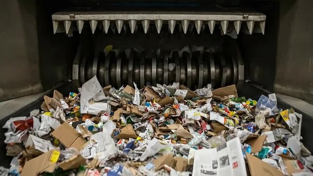 Recycling plant processing cardboard and paper waste with industrial shredding machine
