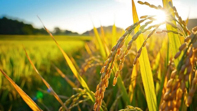 Golden rice field in the sunlight with rippling rice stalks and a bright blue sky on a sunny day