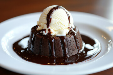 Small round chocolate lava cake topped with vanilla ice cream and rich chocolate sauce, served on a white plate, showcasing a delicious dessert experience with copy space