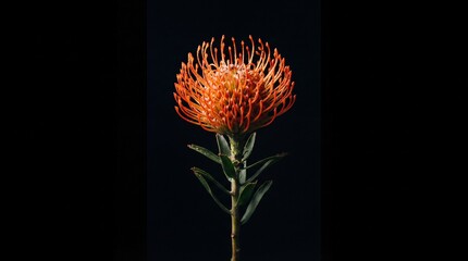 Single Leucospermum flower standing tall on dark background.