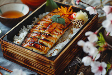 Traditional Japanese hanami bento box featuring grilled fish, rice, and colorful garnishes, beautifully arranged with cherry blossoms and tea, creating a serene dining experience