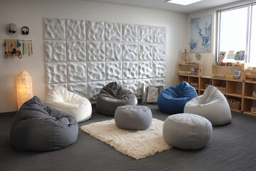 Cozy sensory corner featuring soft bean bags in an inclusive classroom with textured wall panels, creating a calming atmosphere for relaxation and learning