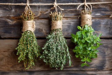 Bundles of fresh herbs including mint, thyme, and oregano hanging upside down on rustic wooden background, showcasing natural textures and vibrant colors for culinary use and decoration
