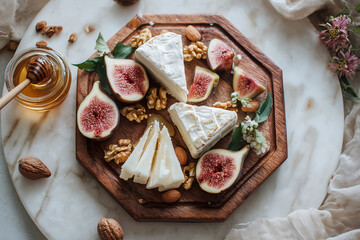 Charcuterie board featuring sliced figs, brie cheese, nuts, and honey on a wooden platter, creating an inviting and elegant presentation for gatherings or special occasions