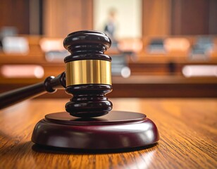 Gavel rests on wooden surface; backdrop features wooden benches and a blurred figure