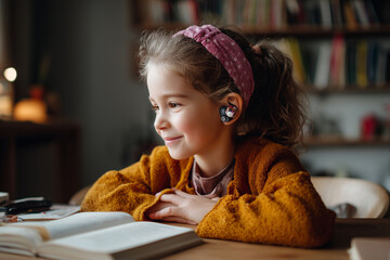 Young girl with colorful hearing aid smiling while sitting at a table with an open book, showcasing a joyful moment of learning and engagement in a cozy indoor environment
