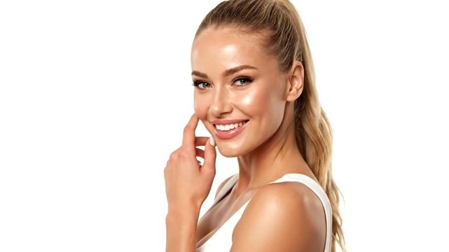 Young woman with a radiant smile touching her cheek