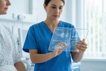 Doctor with tablet for consulting patient in medical service for help in hospital. Digital tech for diagnostic. oline results and insuranse.