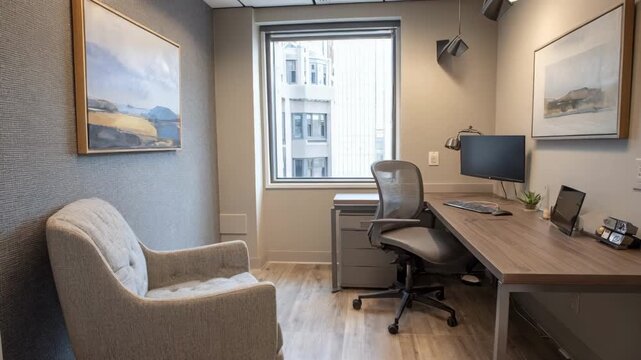 Quiet private meeting room with neutral tones soundproof walls and a simple desk setup designed for confidential client interviews.