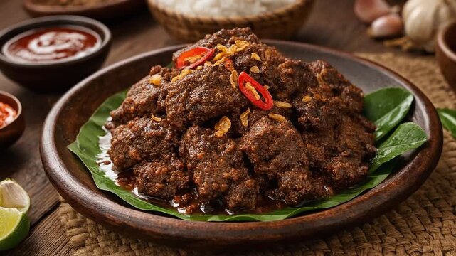 A spicy Asian beef stir fry served on a banana leaf with chili peppers and rich sauce, presented in a rustic traditional food setting.