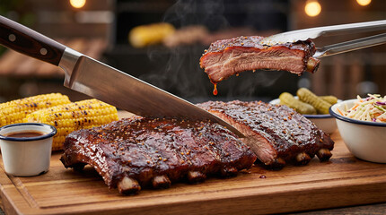 BBQ ribs served on wooden board with corn, pickles, and salad  