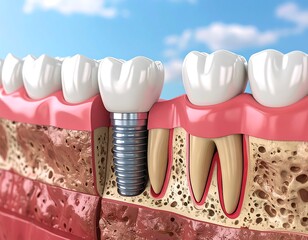 Dental implant illustration showing bone structure with healthy teeth against a soft blue, partially cloudy sky background