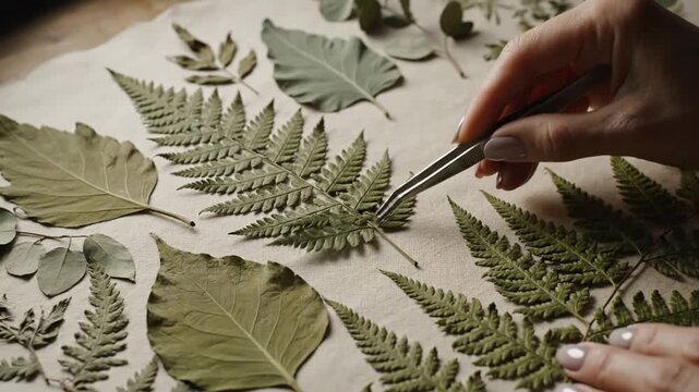 Botanical Composition Process Artist Arranging Dried Ferns And Eucalyptus Leaves For Creative