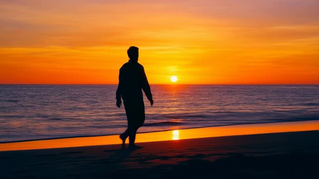 A serene video of a person walking on the beach during a beautiful sunset