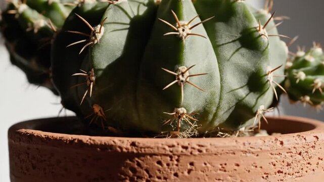 Close Up Captivating Cactus Thriving In Terra Cotta Pot And Beautiful Light Conditions