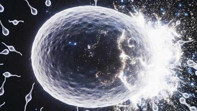 Moment of Fertilization: Sperm Penetrating Egg Cell with Glowing Biological Shockwave Reaction