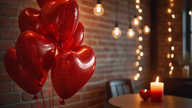 A romantic Valentine&rsquo;s Day setting with red heart-shaped balloons, warm string lights, and a glowing candle creating an intimate and festive atmosphere.