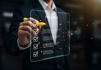 Businessman Using Stylus to Check Off Items on a Digital Policies Checklist checking