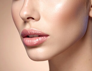 Close up of a woman's face; glossy lips and smooth skin against a soft tan background