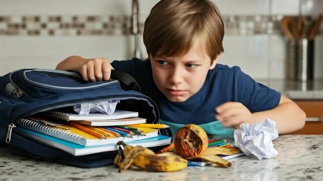 Child's hilarious reaction to unexpected lunch surprise in backpack at kitchen table