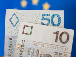 Polish Currency: 50 and 10 Zloty Notes Close-Up
