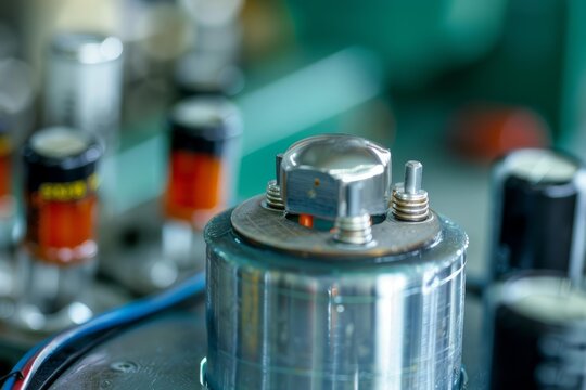 Large capacitor being assembled on a production line with other electronic components in the background