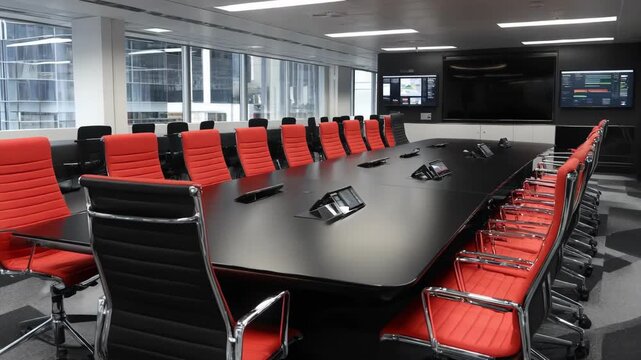 Sleek minimalist regional market boardroom with hightech equipment ideal for innovative local business workshops and datadriven decision making.