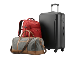 Travel Luggage Set: Black Suitcase, Red Backpack, and Duffel Bag on White Background
