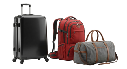 Travel Luggage Set: Black Suitcase, Red Backpack, and Gray Duffel Bag Isolated