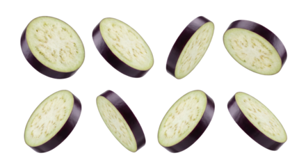 Fresh Eggplant Slices Falling Isolated on White Background