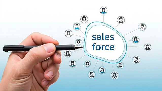 A hand drawing a sales force network on transparent background