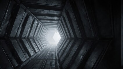 Dark, geometric tunnel leads to bright light, reflecting